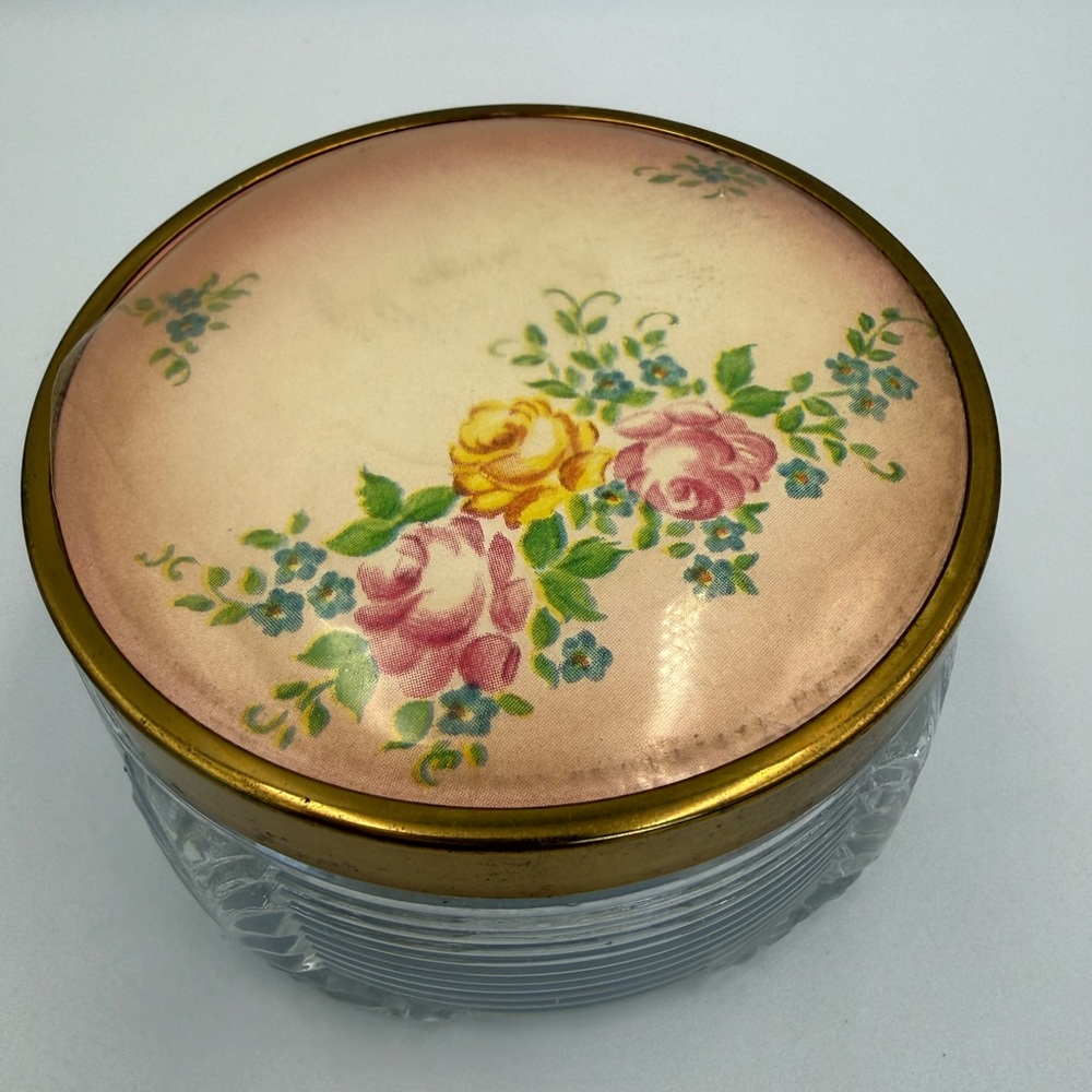 Vintage Art Deco Glass Vanity Cosmetic Makeup Jar Floral Lid Floral Pattern - Picture 2 of 11